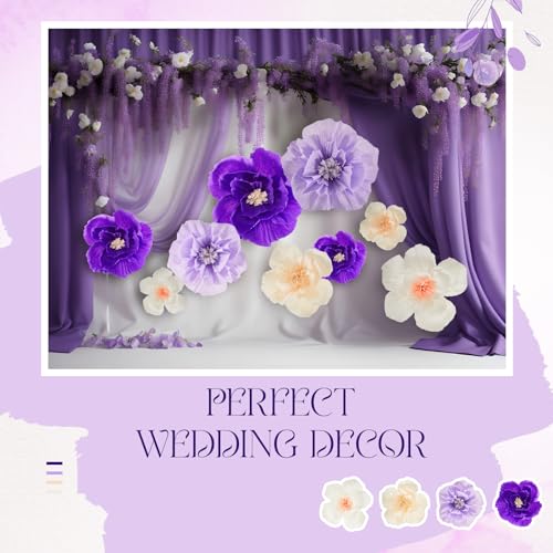 Image of Cholemy 24 Pcs Tissue Paper Flowers, Crepe Paper Flowers Decorations 8 inch 10 inch 12 inch for Wedding Party Baby Bridal Shower Carnival Party Birthday Nursery Wall Decor (Purple,Light Purple,White,Beige)