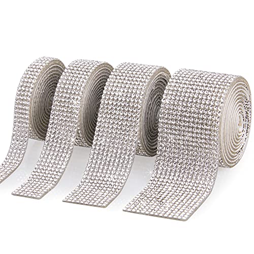 Szoyeay 4 Rolls Silver Self-Adhesive Rhinestone Ribbon(Silver 4Yards)