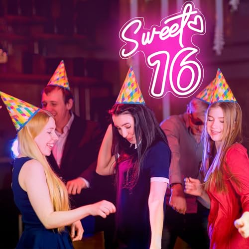 Image of Sweet Sixteen Neon Sign Sweet 16 Neon Light 16th Birthday Pink Led Neon Light for Bedroom Home Wall Decor Birthday Gifts for Girls with Dimmable Switch and USB Powered