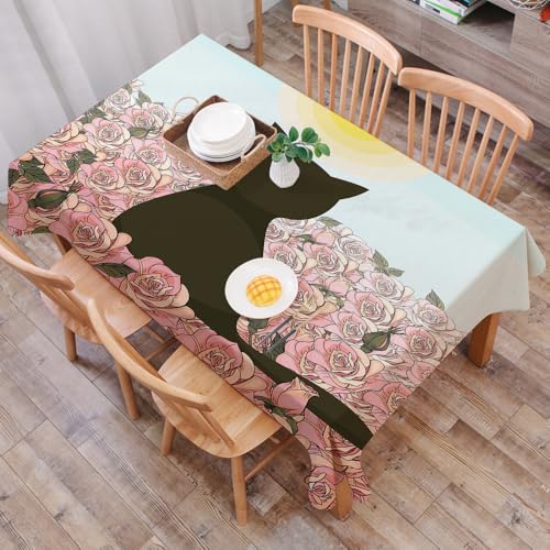 DALEXHM Mantel Mesa Rectangular 137x183 cm,Campo de Rosas con Gato Negro Oscuro, Sol brillando y Cielo Azul ilustraci,Durabilidad y Fácil Limpieza para tu Mesa - Mantel Hule Antimanchas e Impermeable