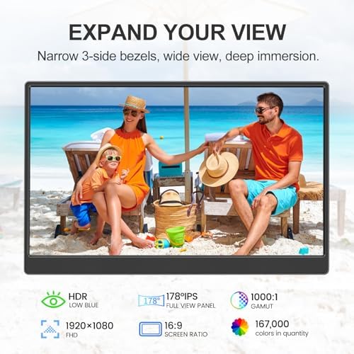 UFYQL Portable Monitor 15.6-inch FHD 1080P Ultra-Slim Travel External Monitor HDR IPS Gaming Display with Kickstand &Speakers USB-C HDMI Plug&Play，for Laptop PC Phone PS4/5 Xbox Switch