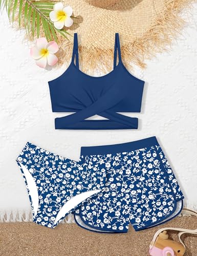 Image of Girls Swimsuit 3 Piece Bathing Suit Criss Cross Bikini Set Girls' Swimwear with Shorts 7-16T