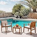 Devoko Patio Set 3 Piece Acacia Wood Outdoor Furniture Conversation Seat with Table & Cushions Porch Chairs for Balcony, Deck, Backyard, Beige