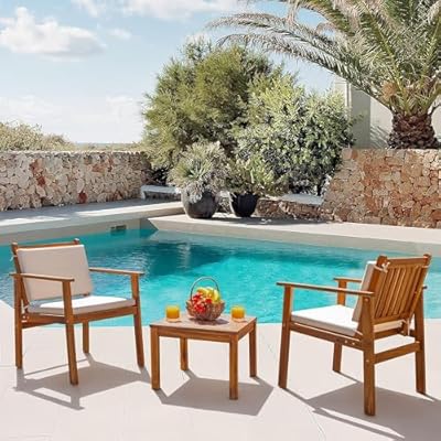 Devoko Patio Set 3 Piece Acacia Wood Outdoor Furniture Conversation Seat with Table & Cushions Porch Chairs for Balcony, Deck, Backyard, Beige