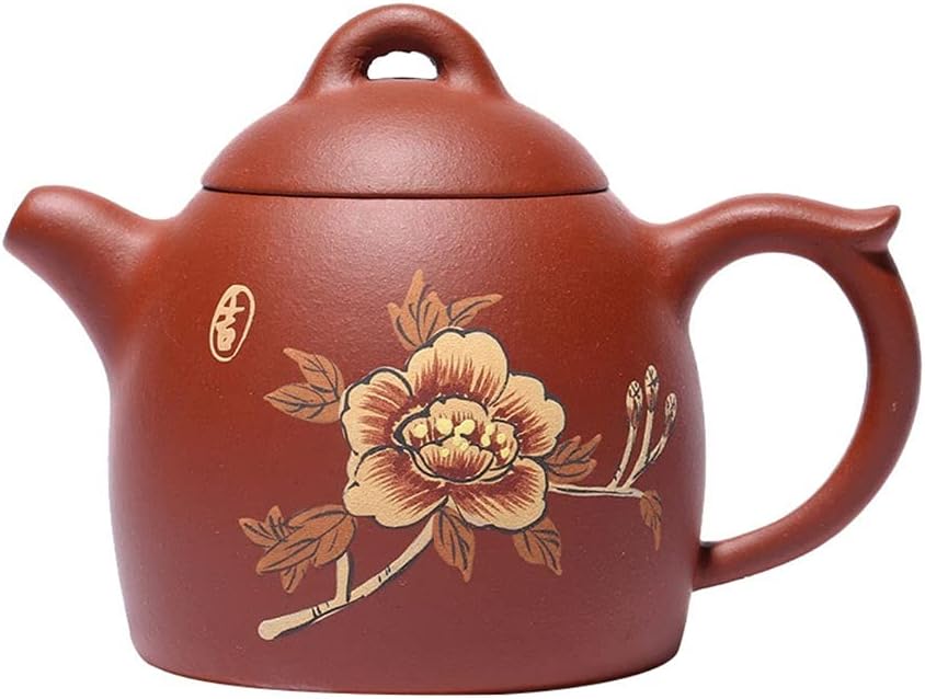 Teapot Zisha Teapot Yixing Elegant Purple Clay Pot Handmade Qing Cement Engrave Painted Peony Teapot Kung Fu Tea Set Household Kettle Pottery Teapot