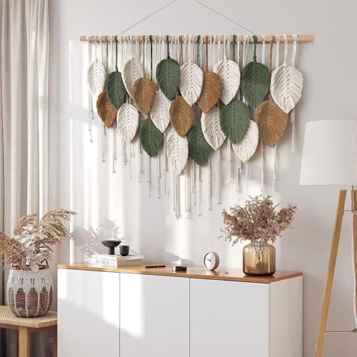SlenyuBridal Tapeçaria de parede de macramê, decoração de borlas de folhas tecidas de penas, decoraç