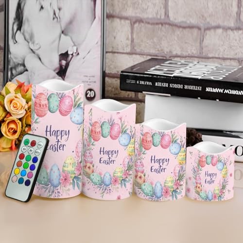 Image of Easter Egg and Floral Plastic Flameless Candles with Remote Control and Timer LED Flickering Battery Electric Pillar Candles for Table Easter Decoration
