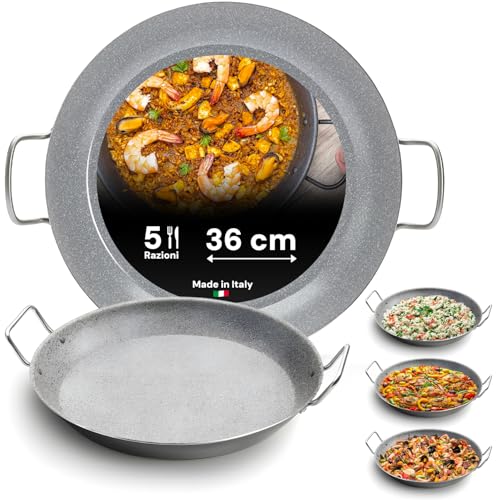 Avilia Padella per Paella in Alluminio con Manici in Metallo 36cm - Rivestimento Esterno Stone Grigio con Spessore di 2mm - Interno Antiaderente - Presa Ergonomica e Salda - Facile da Pulire