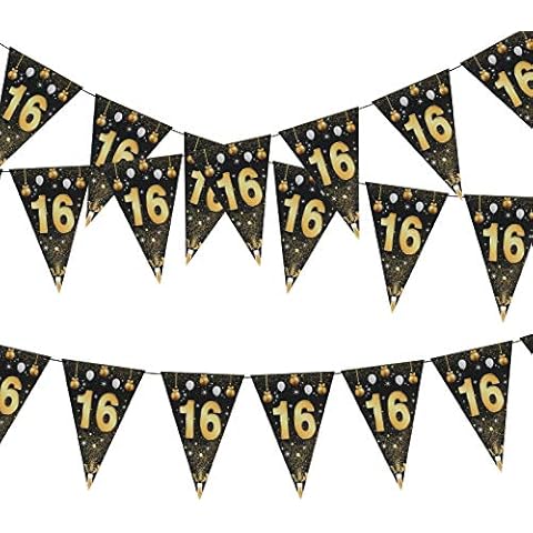 HAKOTOM 16th Birthday Bunting Happy 16th Birthday Party Decorations Black and Gold Glitter 16 Year-old Decoration for Boys Girls 16th Birthday Party Supplies, 2 Strings Cover