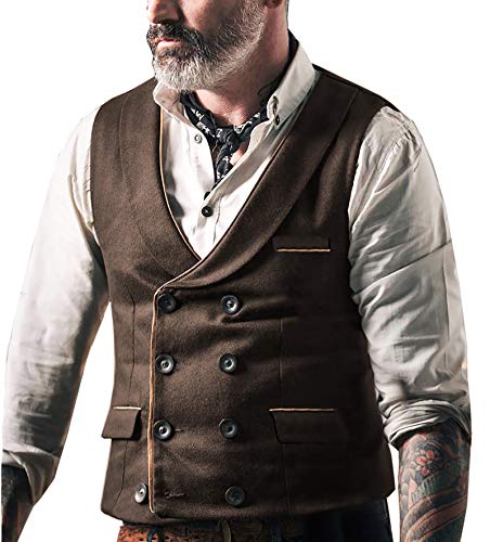 Ceehuteey Men's Causal Double-Breasted Suede Suit Vest Slim Fit Leather Formal Wedding Wasitcoat