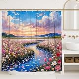 La cortina muestra un impresionante diseño con un río que fluye rodeado de flores coloridas, mejorando la estética de tu baño y creando un ambiente tranquilo.