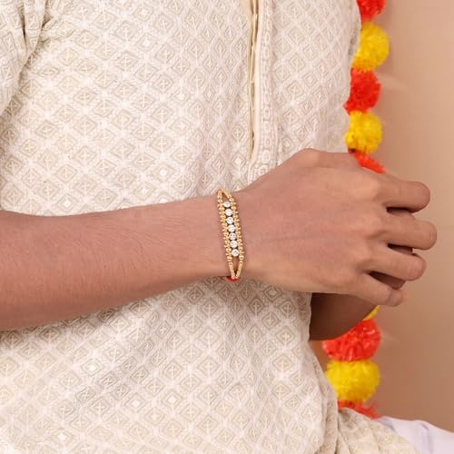 Image of Peora Om Shree Ram Swastik Rakhi for Brother Bhaiya | Crystal & Beads Studded | Red Thread | Raksha Bandhan Hamper with Roli Chawal Greeting Card