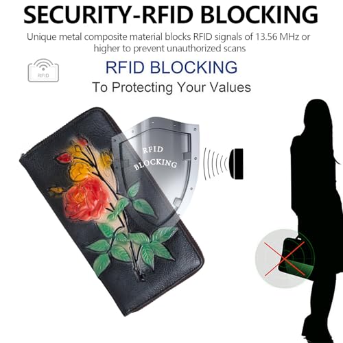 Image of Wallet Genuine Leather for Women - with RFID Blocking Card checkbook ID Slot Large Capacity Vintage style (gardenia black)