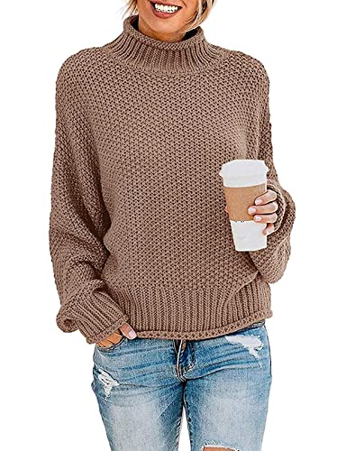 Image of ZESICA Women's Turtleneck Batwing Sleeve Loose Oversized Chunky Knitted Pullover Sweater Jumper Tops,Khaki,XX-Large