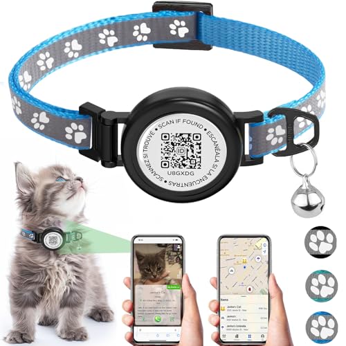 Image of Waterproof Airtag Cat Collar with QR TAG & Reflective, Footprints Pattern, Lightweight Kitten Collar for Apple AirTag, Hidden GPS Tracker Holder for Cats, Kittens (Blue)(7-12 inch)