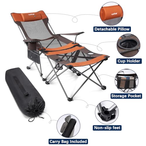 Image of apollo walker Reclining Beach Chair, Adjustable 90-135 Backrest Camping Lounge Chairs for Adults, Folding Chair with Foot Rest & Detachable Pillow - Upgraded 8-Leg, Orange