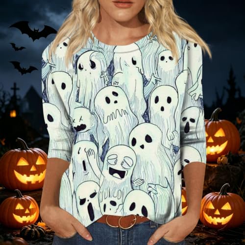 Image of Women Spooky Halloween Graphic Shirt 3 /4 Length Sleeve Crewneck Top | Halloween Funny Printed Pumpkin Plus Size Tshirts 2026 Fall Outfits Skeleton Tee Going Out Tops