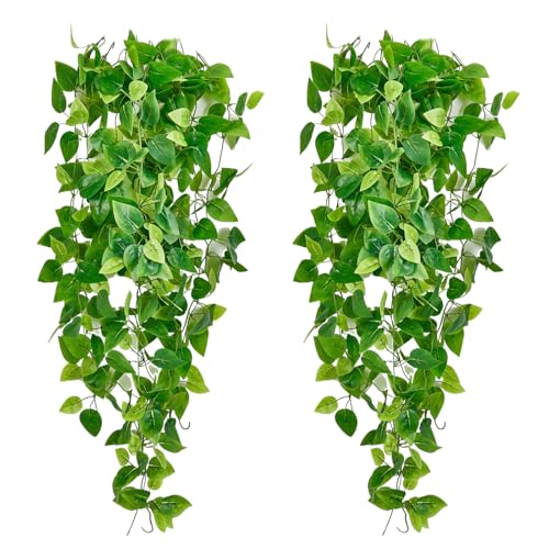Fake Hanging Plants Vines(2pcs) for Room Decor, Artificial Ivy Greenery Garlands for Home Bedroom Living Aesthetic Kitchen Office Wall Patio Bookshelf,Indoor,Outdoor Farmhouse Decorations(No Basket)