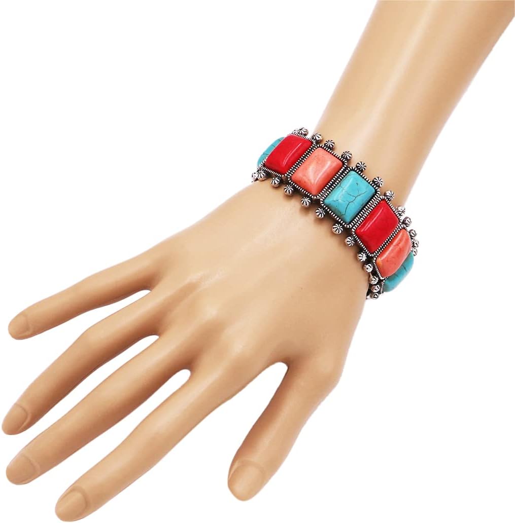 Rosemarie & Jubalee Women's Cowgirl Chic Burnished Silver Tone Colorful Rectangular Semi Precious Stone Howlite Statement Western Stretch Bracelet, 7"