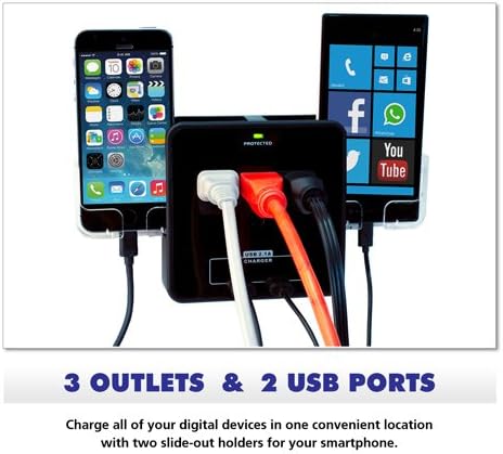RND Power Solutions Wall Power Station includes 3 AC Plugs and 2 USB ports with Surge Protection and 2 slide-out holders(Black)