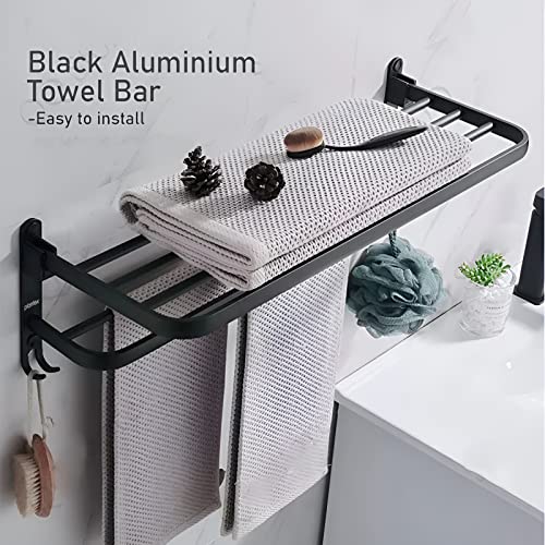 Image of Plantex Space Aluminium Folding Towel Rack with Fix Towel Rod /Bathroom Towel Hanger for Wall /Towel Hanger with Hook /(24 Inch, Black) - Pack of 1