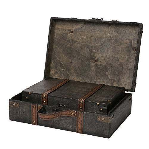 Wooden Box With Hinged Lid - Set Of 2: Decorative Vintage Suitcase Decor, Storage Trunk, Wood And Leather Pirate Treasure Chest, Antique Keepsake Luggage Memory Boxes (Worthington) #TOP1
