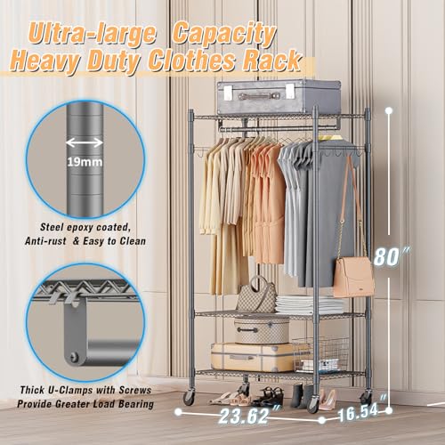 Image of Homdox Narrow Rolling Garment Rack with Double Rods and 3 Adjustable Shelves, Compact Portable Closet Organizer for Bedroom, Dorm, Laundry Room, 23.62 inch W x 16.54 inch D x 80.71 inch H, Gray