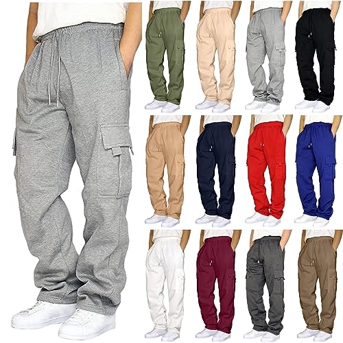 Mens Fleece Jogger Sweatpants Open Bottom Baggy Cargo Pants Relaxed Fit Cotton Lounge Pants with Pockets