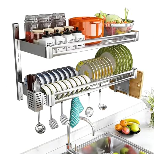 Stainless Steel Hanging Dish Rack, Adjustable 2-Tier Wall Mount Dish Drying Rack Organizer With Drain Tray & 5 Hooks, All-In-One Cutlery Holder Storage Shelf For Kitchen Wall (31.5x11.8x19.7in)