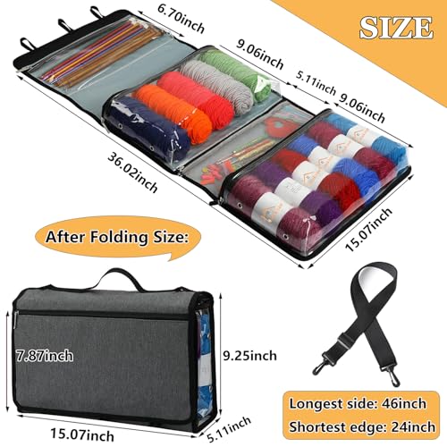 Image of Hanging Yarn Storage Organizer,Foldable Large Capacity Yarn Storage Bag for Crocheting with 5 Zipper Closure Compartments for Yarn Balls,Crochet＆Knitting Needle