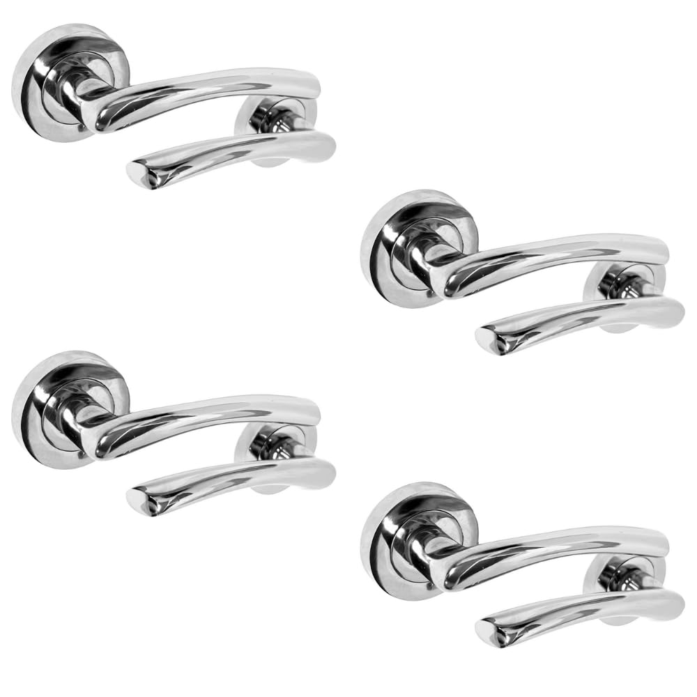 Zena Polished Chrome Lever on Rose Internal Door Handles – 4 Pairs | Modern Chrome Door Handle Set with Optional 63mm Tubular Latches