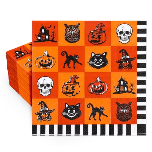 Whaline Halloween Paper Napkins Vintage Luncheon Napkin Orange Black Cat Disposable Dessert Dinner Hand Napkin for Home Kitchen Restaurant Party Supplies 50 Pcs