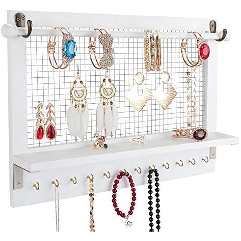 Halcent Wall Jewelry Organizer Wood Jewelry Holder Large Storage Bracelets Necklaces Earrings Organizer Holders Jewelry Display Shelf with Hooks Cover