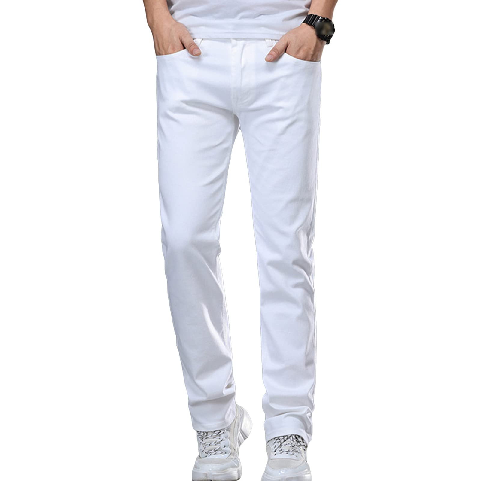 Men's Slim Fit Skinny Stretch Jeans Washed Solid Comfy Jean Trousers Classic Retro Straight Leg Denim Pants (White,36)