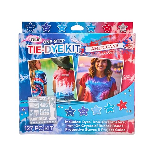 Tulip One-Step Tie-Dye Kit Americana Fun Party Activity USA Red & Blue Make Patriotic Shirts Permanent Fabric Dye Easy Techniques Iron-On Transfers & Rhinestones Included 5 Vibrant Colors