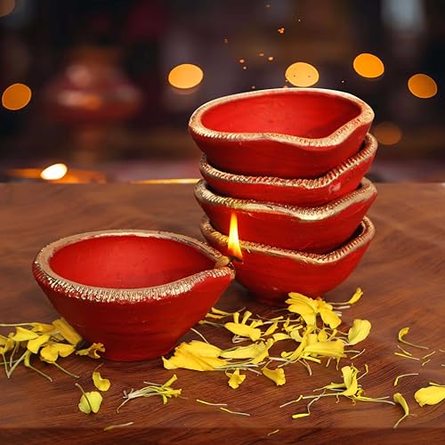Image of Pure Source India Traditional Handmade Earthen Clay Big Size Diya for Laxmi Poojan Multi Colour, 6 Pieces