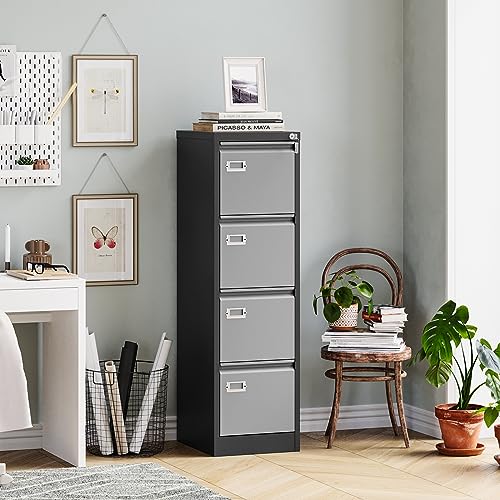 Image of MIIIKO 4 Drawer File Cabinet, Metal Vertical Filing Cabinets with Lock, Home Office File Folders Storage Cabinet for Letter Legal A4 File Size