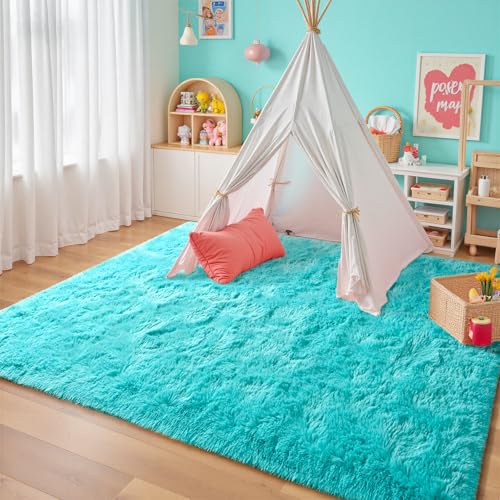 junovo Blue Washable Area Rug for Boys Bedroom Living Room, 4x5.3 Soft Non-Slip Fluffy Rugs, Shag Plush Memory Foam Carpet for Kids Room Baby Nursery Home Decor