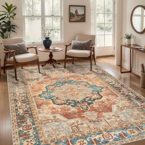 Image of Tangsoo Orange 5x7 Washable Area Rugs for Living Room, Vintage Non Slip Rug