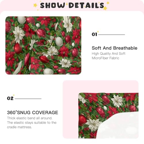 Image of Baby Crib Sheet Christmas Fir Tree Poinsettia Crib Mattress for Boys and Girls Playard Sheet Soft Breathable Fitted Baby Mattress Cover 52x28in