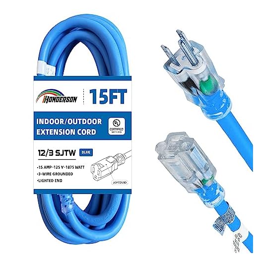 HONDERSON 15FT 12/3 Lighted Outdoor Extension Cord - 12 Gauge 3 Prong SJTW Heavy Duty Blue Extension Cable with 3 Prong Grounded Plug for Safety,UL Listed