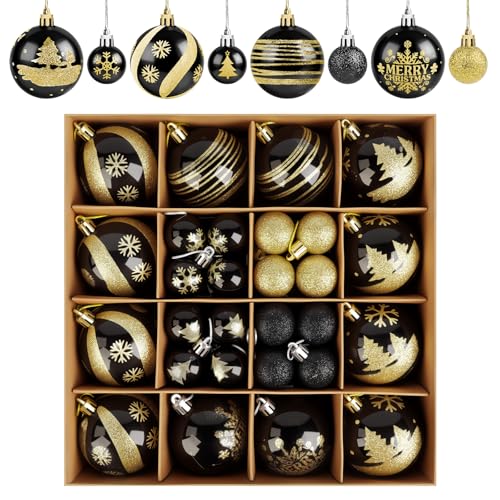 ilauke Weihnachtskugeln, 44 pcs Weihnachtsdeko Plastik Schwarz Gold, 3...