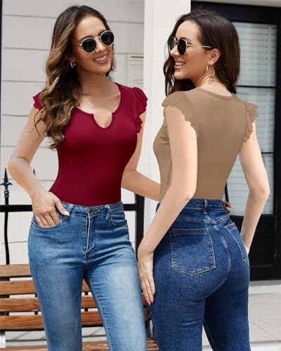 Basicspace Womens Summer Shirt Short Ruffle Sleeve V Notch Neck Ribbed Casual Tshirt Slim Fitted Tops Blouses4