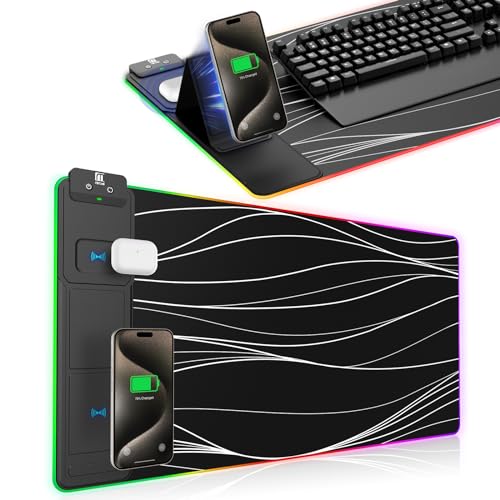Image of XXL Mouse Pad with Phone Holder - Black, RGB Desk Mat with 15W Fast Charging, LED Gaming Mousepad with 11 Light Colors, Waterproof Non-Slip Pad for Office & Home (Wave)