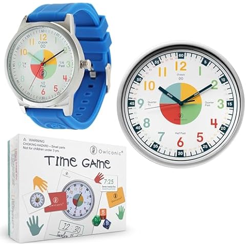 OWLCONIC Learning to Tell Time Bundle, Analog Wall Clock, Time Game, Kids Wristwatch – Blue Cover