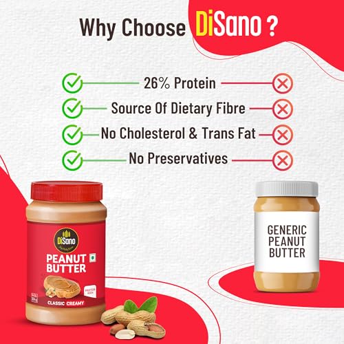 Image of DiSano Classic Peanut Butter Creamy, 924g, 25g Protein, Roasted Peanuts, Zero Cholesterol & Trans Fat, Gluten Free, Ideal for Pre & Post-Workout, Healthy Spread for Breakfast & Snacking (Pack of 3)