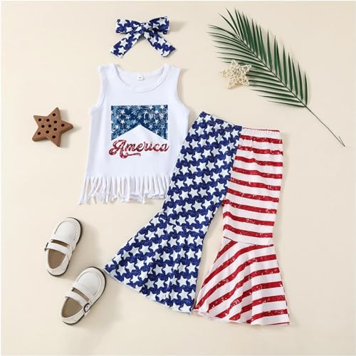 RNTOP Toddler Baby Girl 4th of July Outfit Tassels Sleeveless Tank Tops Bell-Bottom Flared Pants (White, 5-6 Years)
