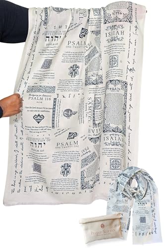 Prayer Scarves Protection Bible Verse Shawl w/Psalm 91 Vintage Scripture Scarf with 7 Bible Verses 100% Cotton (Off White w/Canvas Bag)
