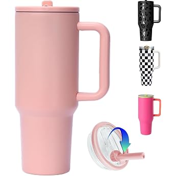 Thermal Mug Coffee Mug to Go Thermal Mug Perfect for Hot and Cold Drinks Vacuum Leak-Proof Drinking Cup with Straw and Handle Insulated Flask Drinking Bottle Pink 40 oz