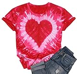 Tie Dye Heart Shirt Women Valentine' s Day Tee Shirt Casual Love Graphic Short Sleeve Tops Pink